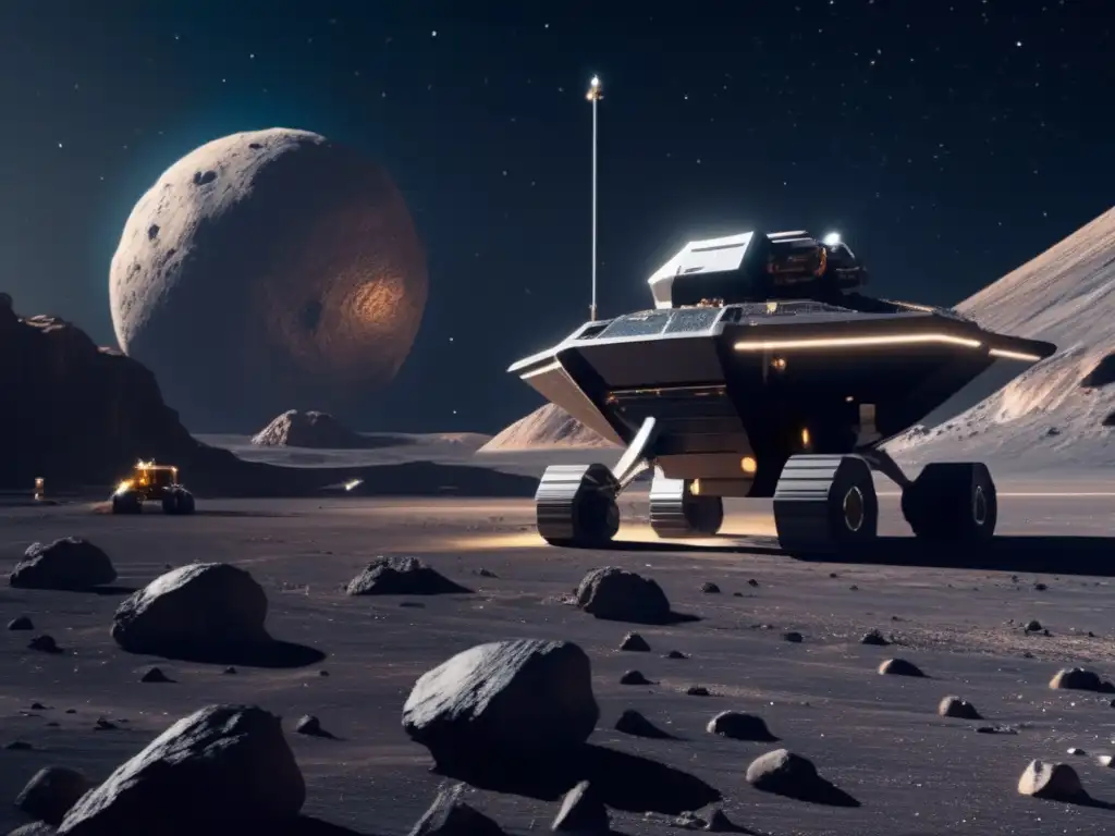Futurista operación minera en asteroide Potencial económico asteroides silicato era espacial: mina futurista en asteroide con nave minera avanzada y recursos valiosos
