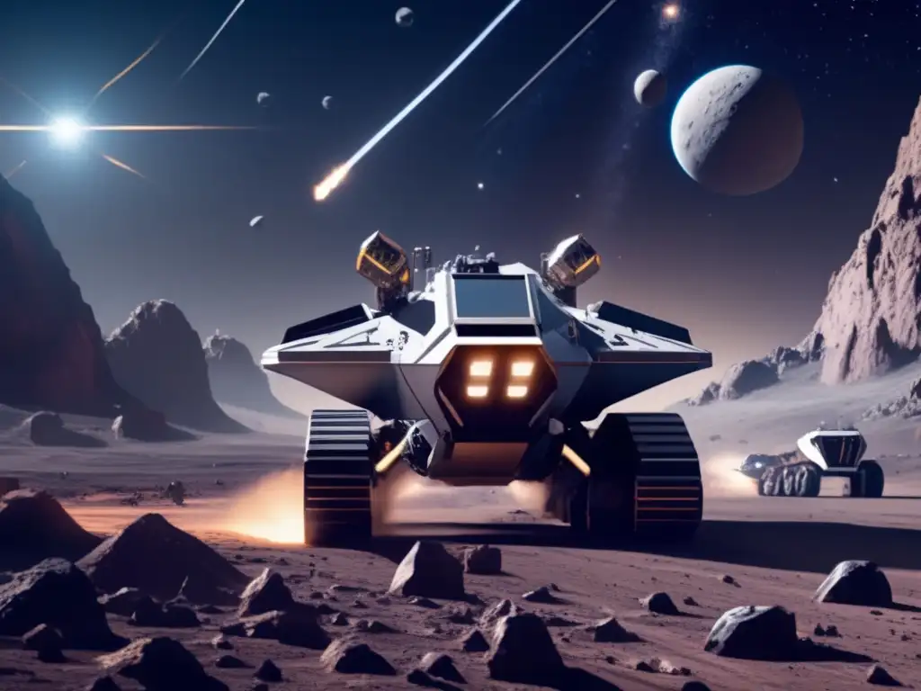 Explotación minera espacial en asteroide NEO Potencial energético asteroides: Escena de minería espacial futurista en asteroide cercano a la Tierra (NEO) con vehículos y tecnología avanzada