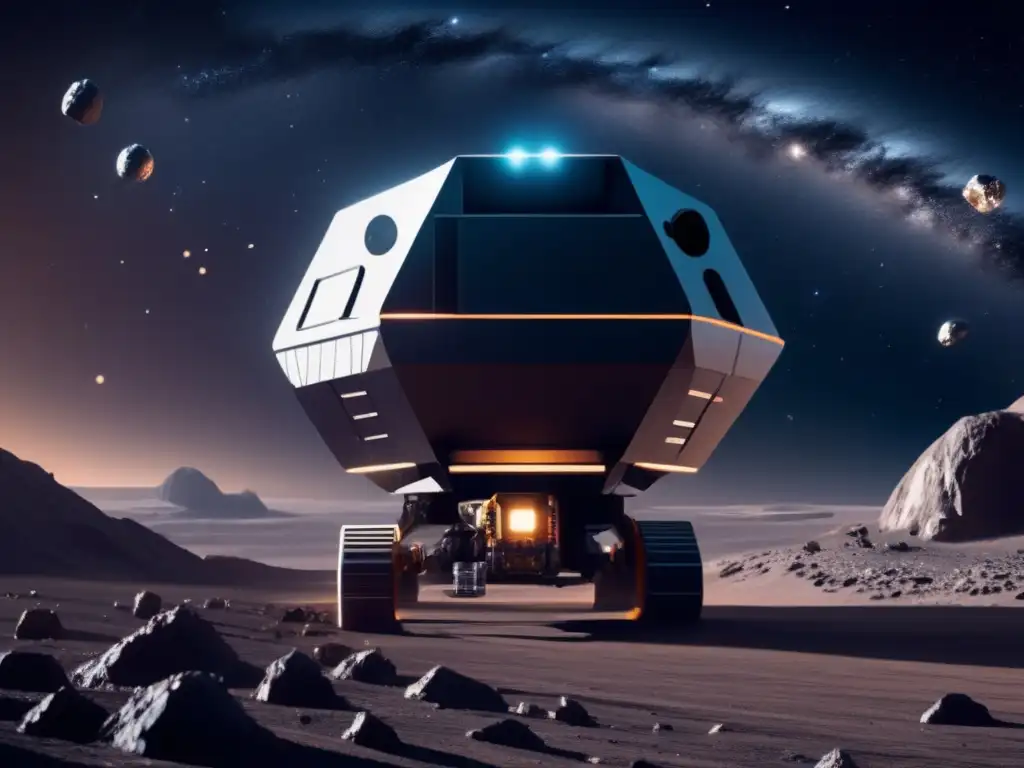 Futuro de minería espacial en asteroide Potencial energético asteroides: Futura minería espacial en asteroide con tecnología avanzada, astronautas y recursos valiosos