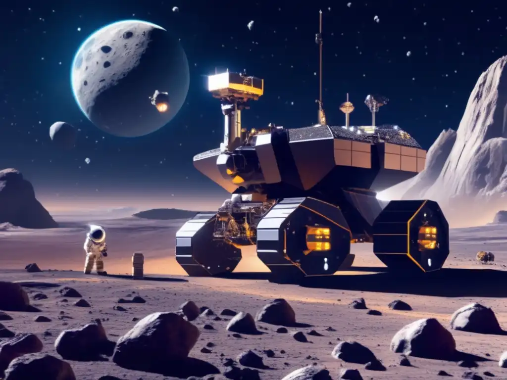 Minería espacial futurista en asteroide Potencial energético asteroides: Futuro de la minería espacial en un asteroide, con tecnología avanzada y recursos valiosos extraídos
