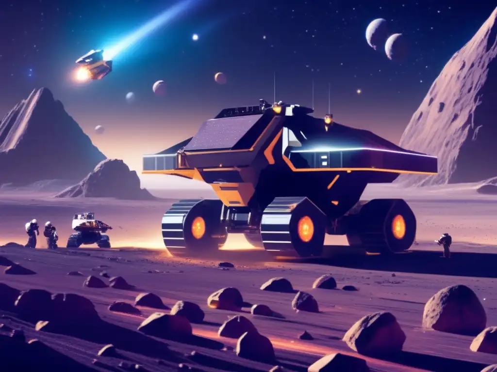 Potencial minero de asteroides: avanzada operación de extracción en un asteroide con tecnología y maquinaria futurista