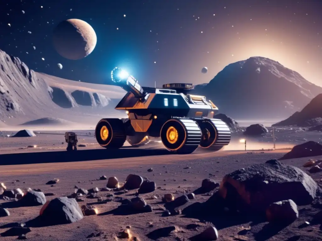 Minería espacial futurista en asteroide Potencial minero asteroides menores en operación futurista de extracción de recursos valiosos