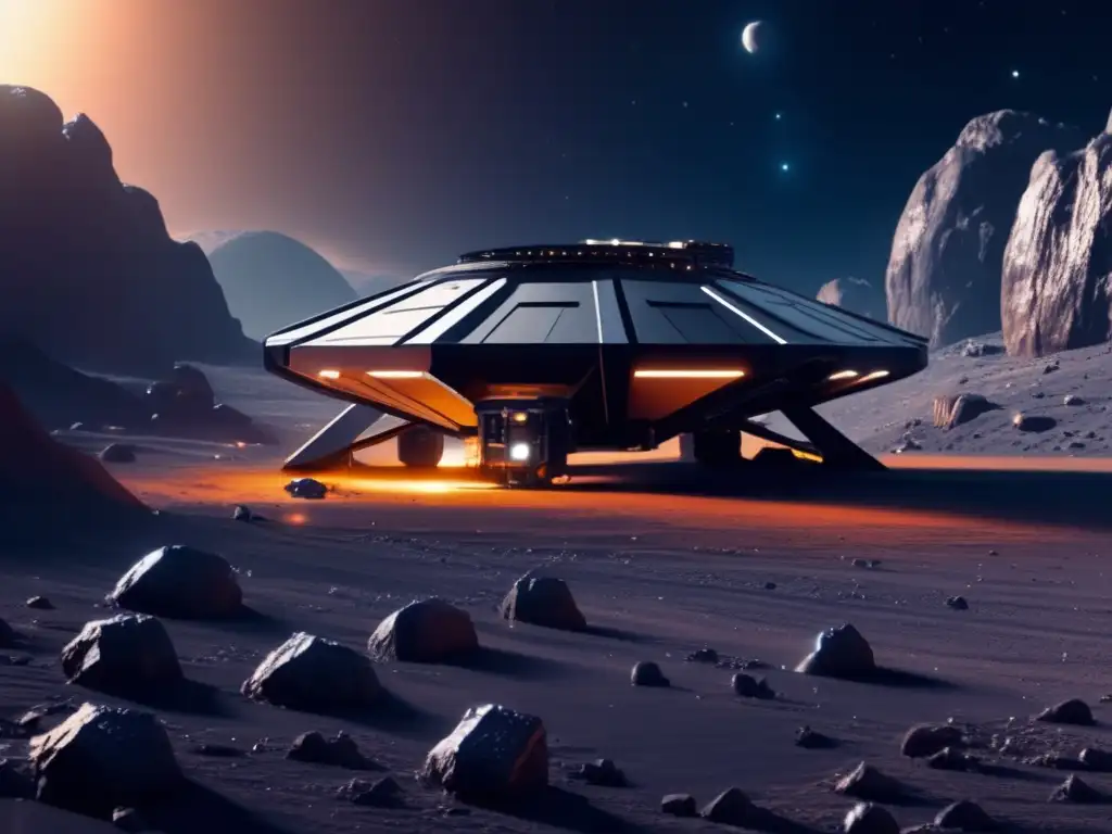 Futurista centro de minería en asteroide Potencial minero asteroides menores: Futurista instalación minera en asteroide, con drones y paisaje espacial