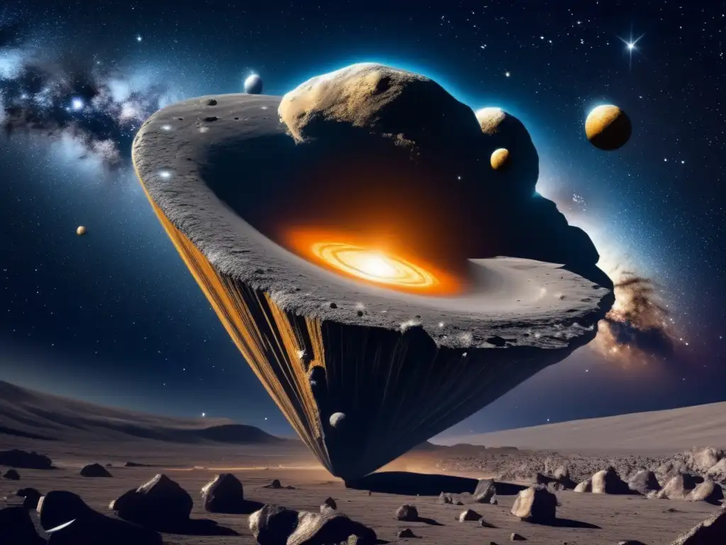 Potencial minero de los asteroides metálicos: vasto espacio con estrellas brillantes, galaxias y un asteroide metálico con minerales preciosos