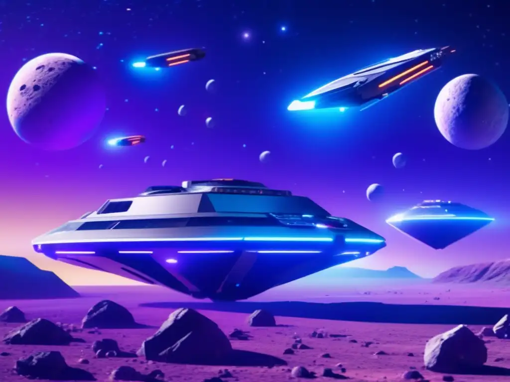 Potencial minero de asteroides: Operación de minería espacial futurista con enormes naves extrayendo minerales de asteroides