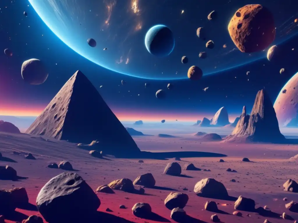 Potencial de recursos asteroidales: Vista fascinante de espacio con asteroides flotando en primer plano, detalles intrincados y variados colores