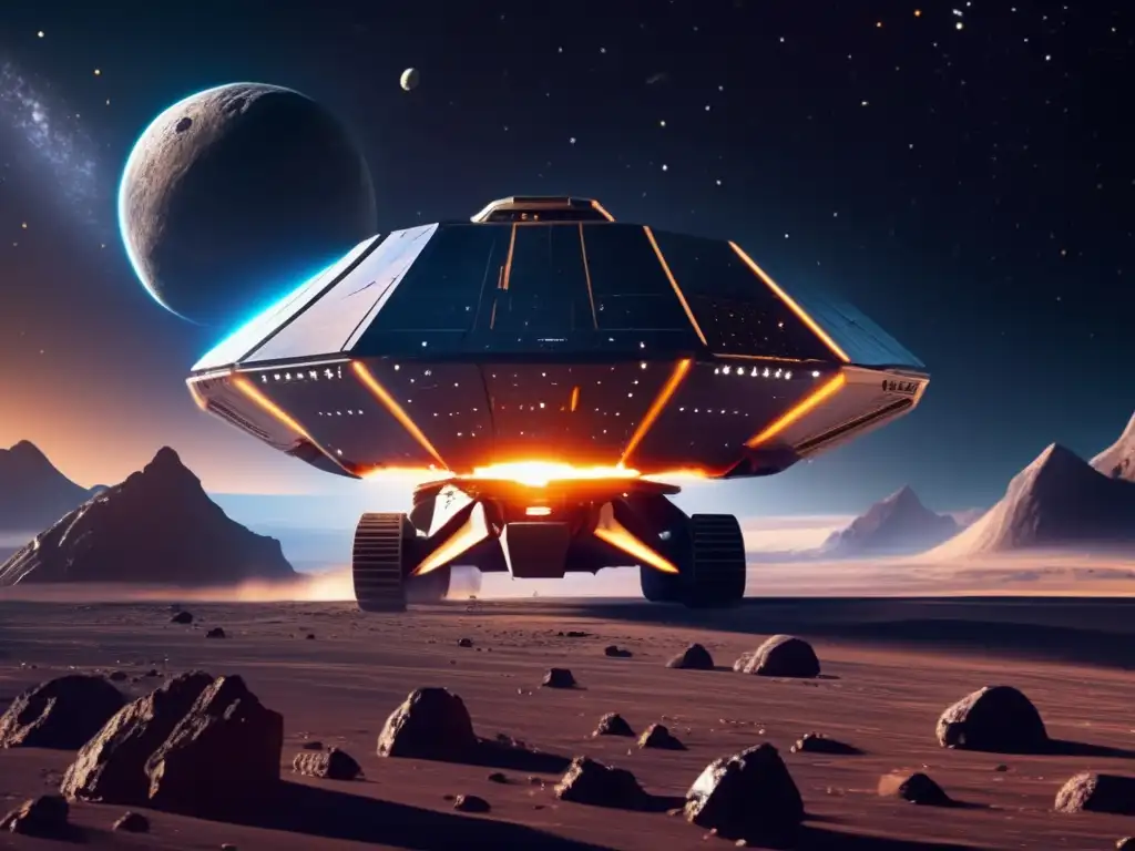 Futuro de la minería espacial Potencias mundiales explotación asteroides: Imagen impresionante de minería en asteroide, tecnología avanzada y cristales brillantes