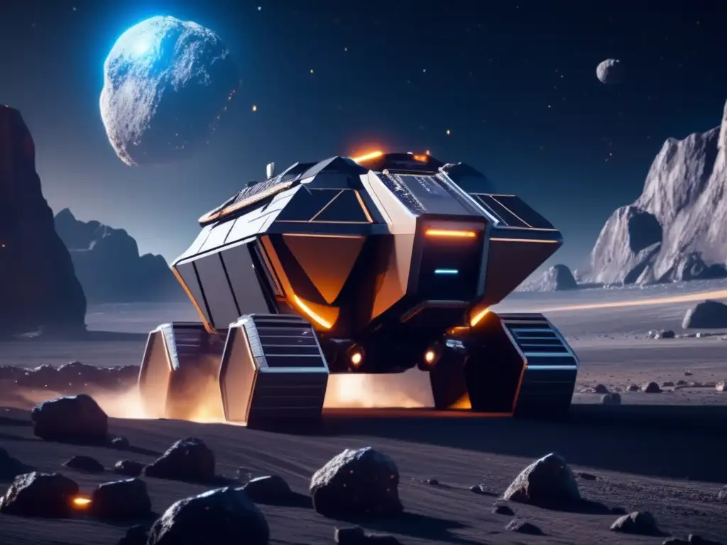 Minería espacial futurista en asteroide Potencias mundiales explotación asteroides: nave minera futurista en operación, brazos robóticos extraen recursos valiosos