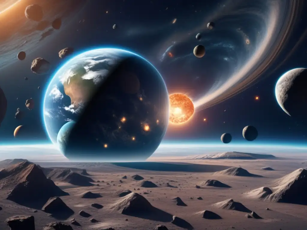 Espacio con Tierra, asteroides y órbitas Predicciones retorno asteroides famosos en imagen detallada de 8k que muestra la Tierra rodeada de asteroides y redes orbitales