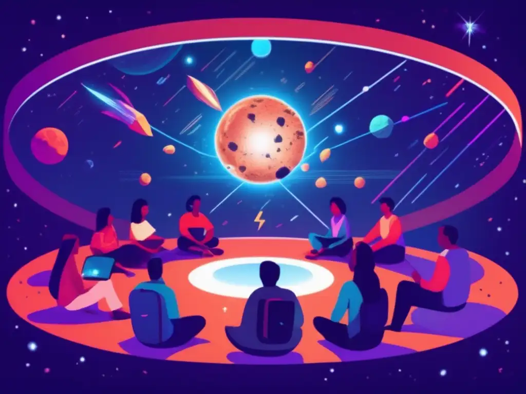 Preparación psicosocial encuentro asteroides: grupo de personas en una habitación discutiendo y preparándose mentalmente para enfrentar asteroides