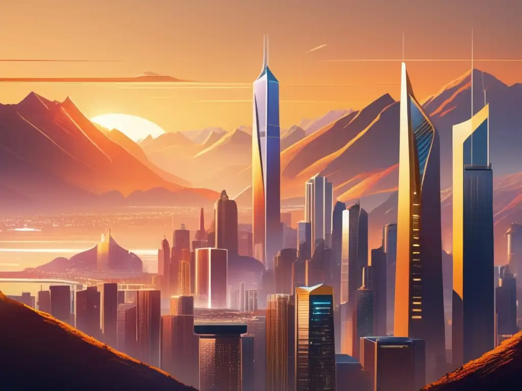 Futurista ciudad con vista panorámica y científicos frente a un holograma Preparativos para amenaza de impacto en una ciudad futurista rodeada de montañas, con arquitectura moderna y tecnología avanzada