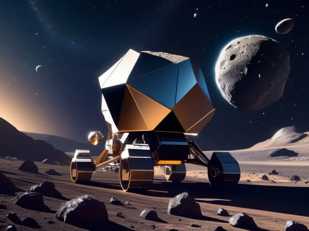 La minería de asteroides: innovación y beneficios económicos Preparativos para amenaza de impacto: imagen detallada de minería de asteroides, con asteroide metálico colosal y nave espacial moderna