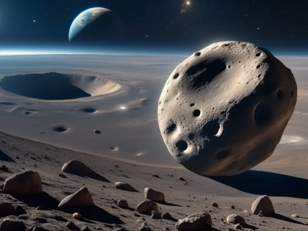 Apophis, el asteroide, en detalle Preparativos para encuentro cercano con Apophis: imagen 8k detallada del asteroide y la Tierra en el fondo