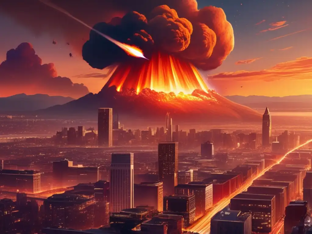 Preparativos para impacto de meteorito: Ciudad devastada, edificios colapsando, caos y urgencia