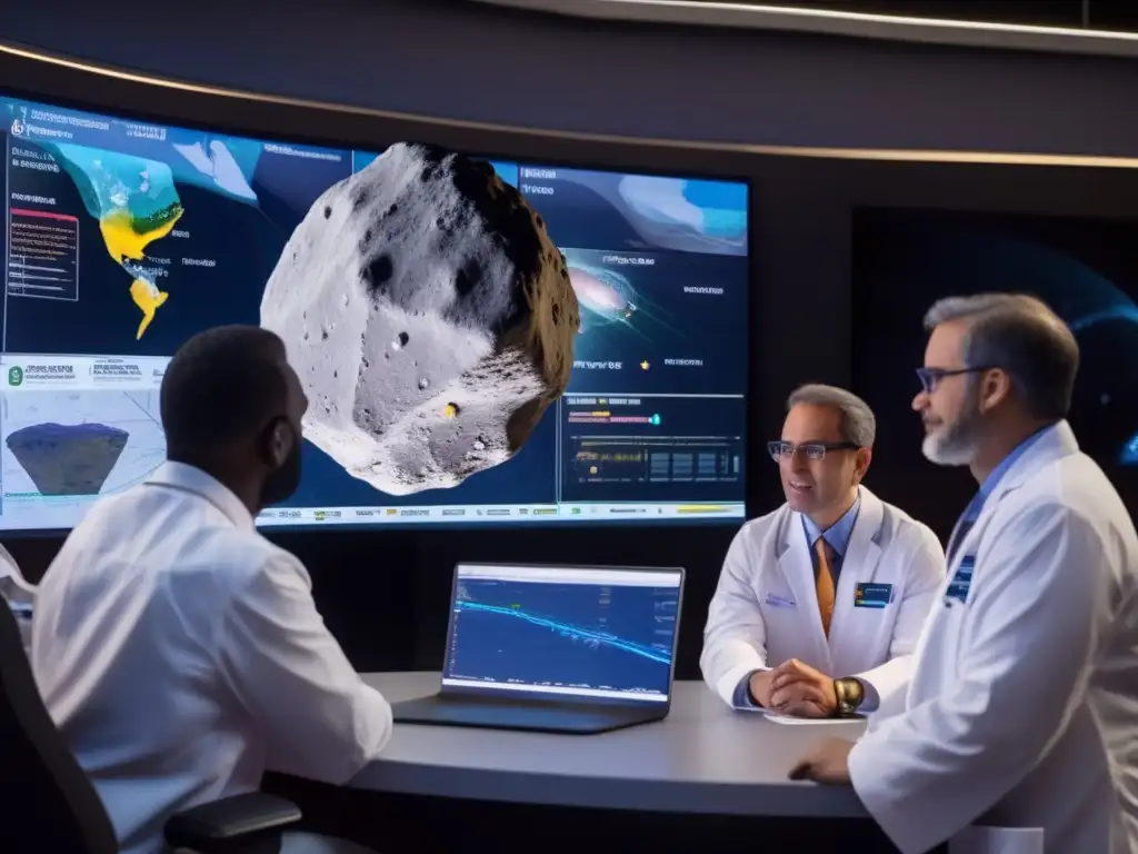 Equipo científico analizando trayectoria de asteroide Bennu Preparativos potencial colisión Bennu: equipo científico analizando datos e imágenes en sala de control avanzada
