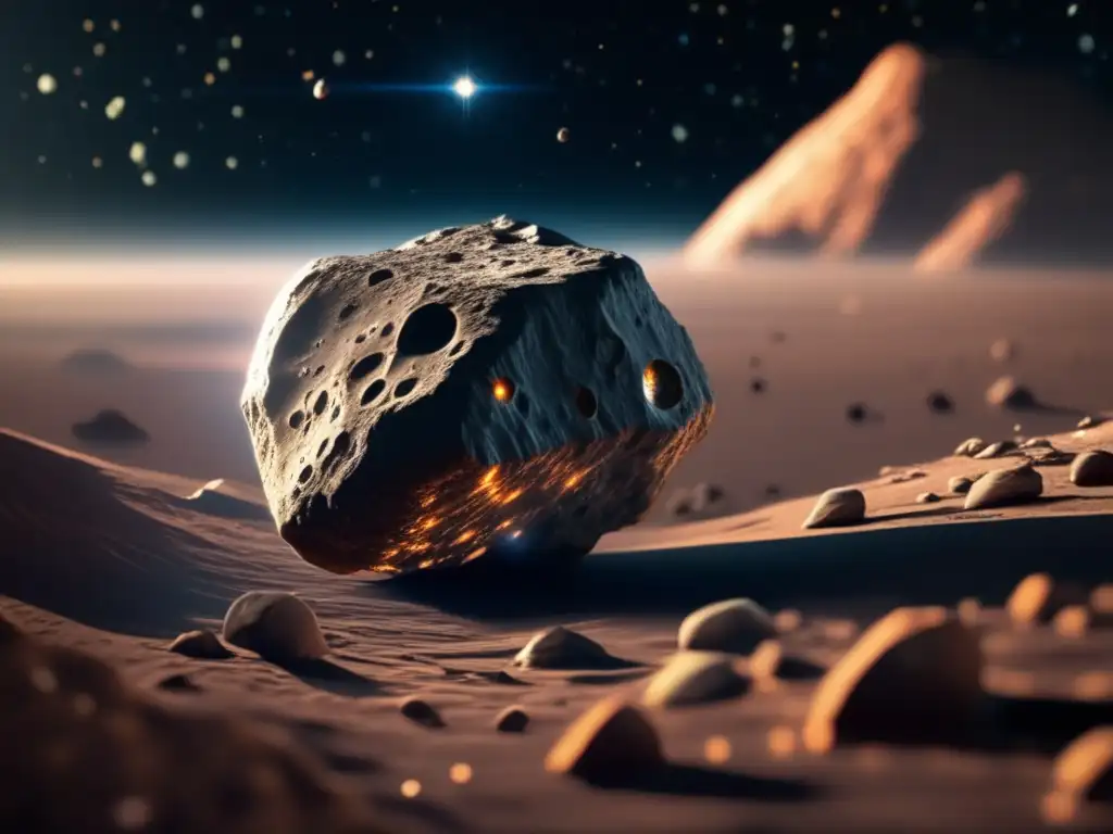 Asombroso asteroide con agua en el espacio Presencia agua en asteroides: imagen impresionante 8k muestra asteroide rocoso con cráteres, agua y colores vibrantes en el espacio
