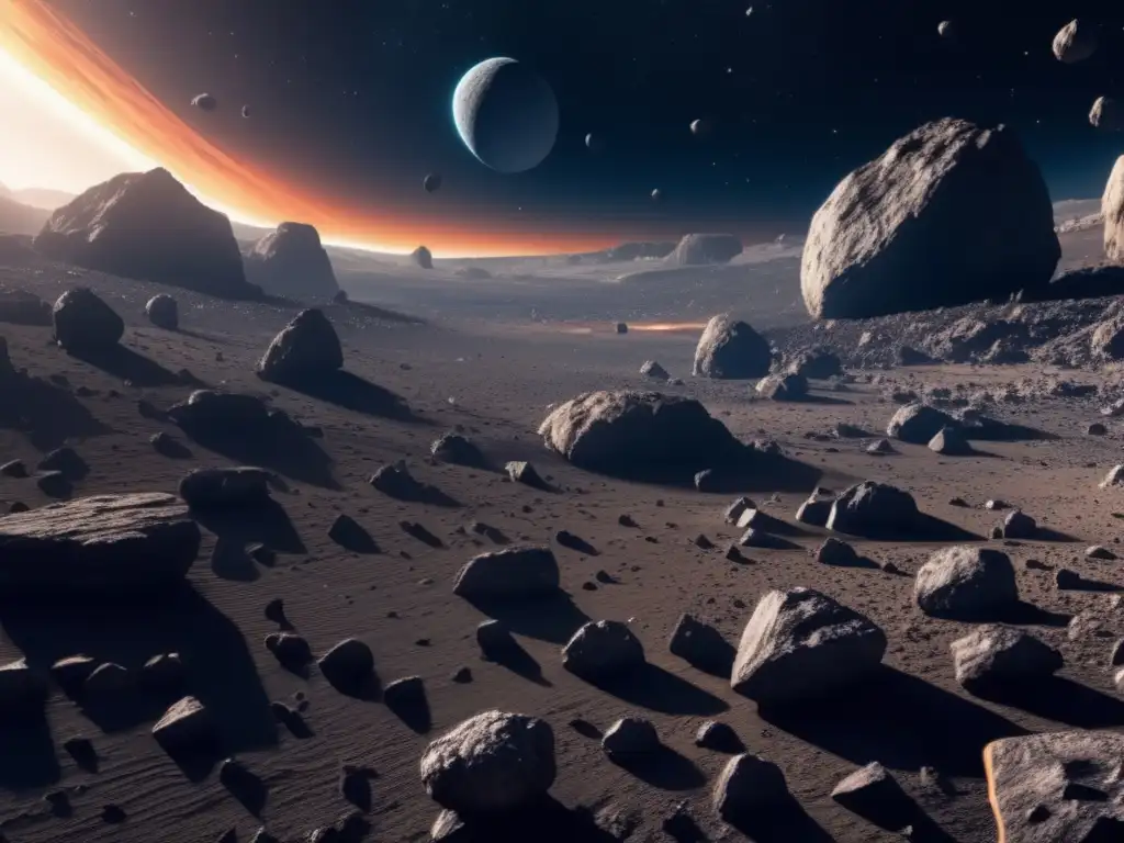 Impresionante vista de un campo de asteroides Presencia agua en asteroides: Imagen 8k de asteroides irregulares en un campo vasto, con cráteres y una nave espacial futurista