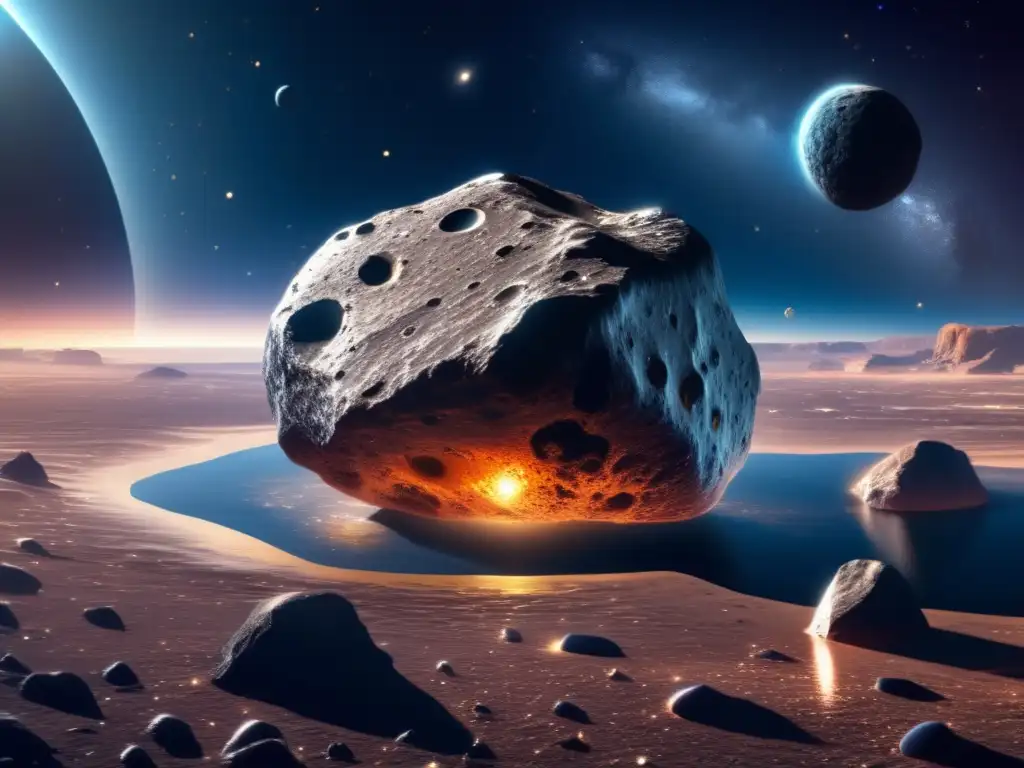 Asteroida irregular en el espacio Presencia agua en asteroides: Imagen 8k del impresionante asteroide irregular en el espacio, con agua suspendida en gravedad cero