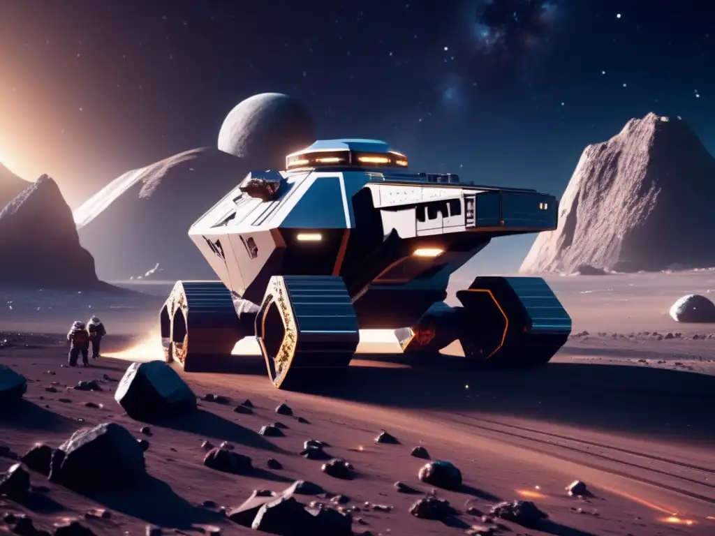 Minería espacial en asteroide: extracción de agua Presencia de agua en asteroides: Operación minera futurista en un asteroide, con paisaje cósmico y astronautas extrayendo agua