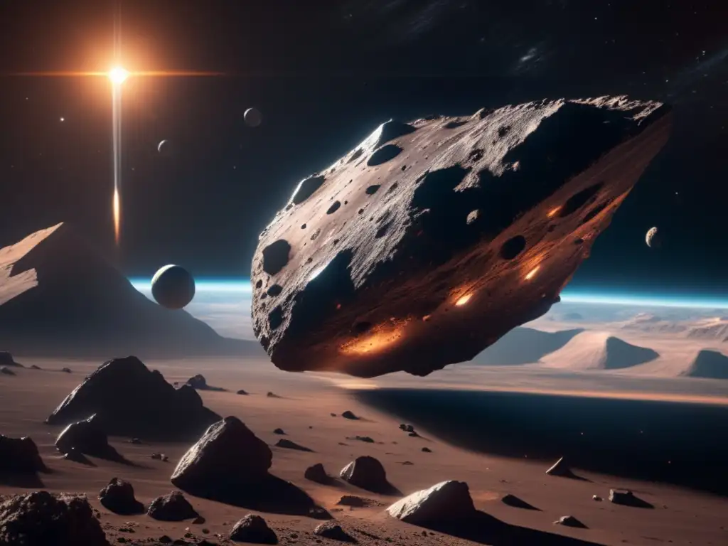 Proceso de terraformación de asteroides: Imagen impactante de un asteroide masivo en el espacio, rodeado de rocas grises y marrones