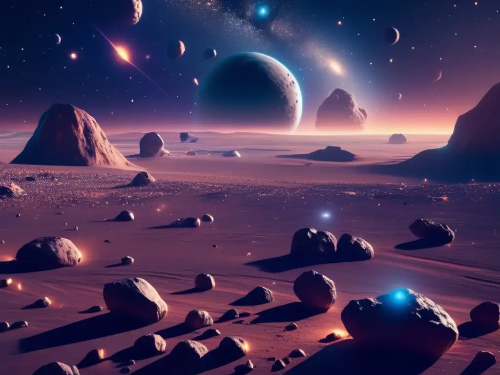 Un grupo de astronautas extrae recursos de asteroides en el espacio Exploración y propiedad asteroidal: equipo espacial en vasto espacio con asteroides, estación futurista y tecnología avanzada