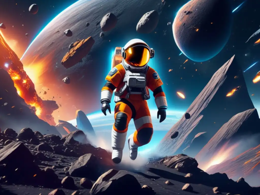 Protagonista en traje espacial saltando asteroides Guía supervivencia: Protagonista en traje espacial saltando de asteroide en campo caótico de fuego y escombros