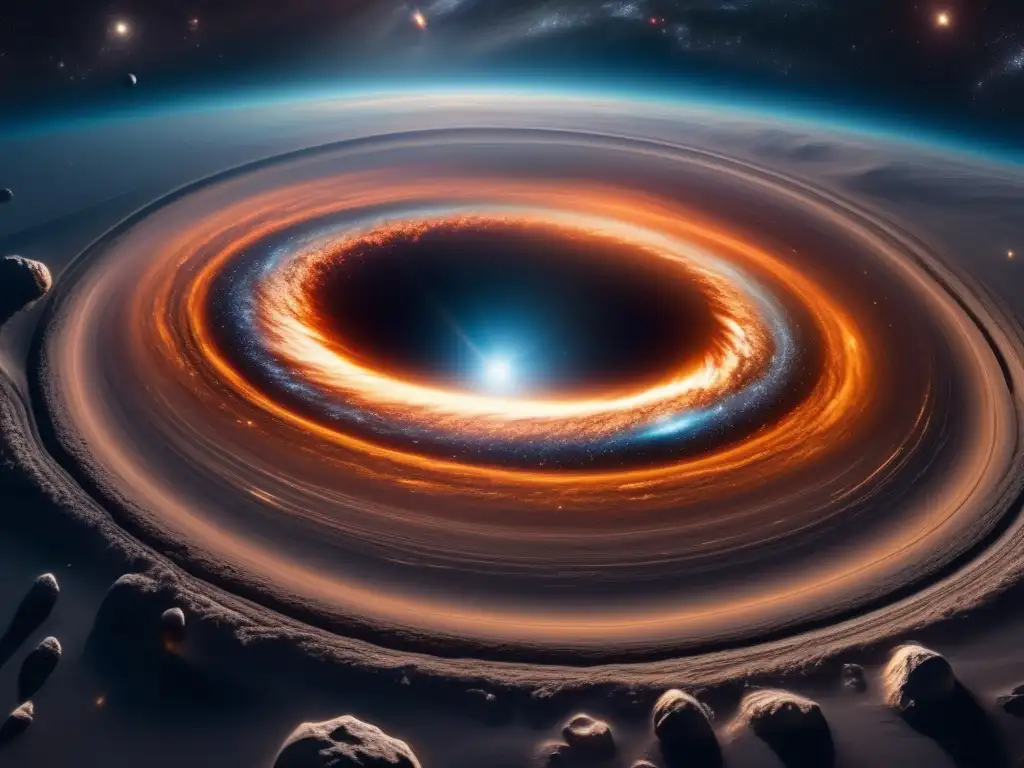 Galaxia y asteroide: una vista fascinante Proyecto: Mitigación colisiones asteroides, imagen 8k que muestra galaxia espiral, asteroide luminoso y estrellas distantes