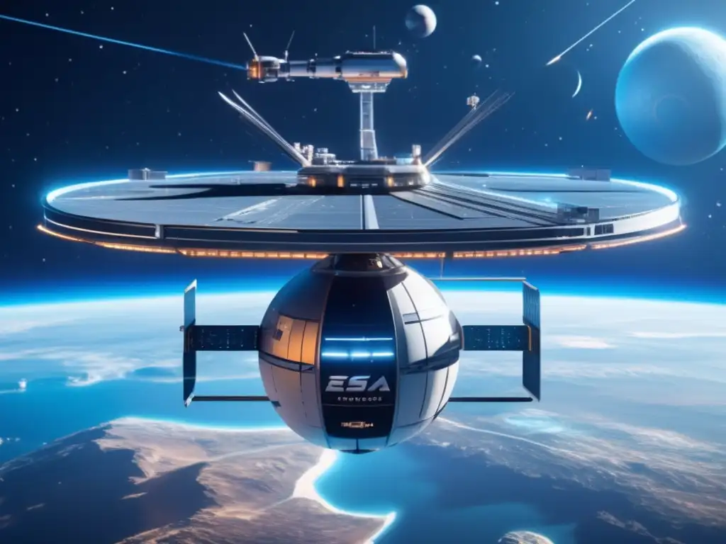 Futurista estación espacial y satélites defensores Proyecto Defensa Planetaria ESA: Estación espacial futurista y satélites de defensa avanzados protegiendo un planeta azul