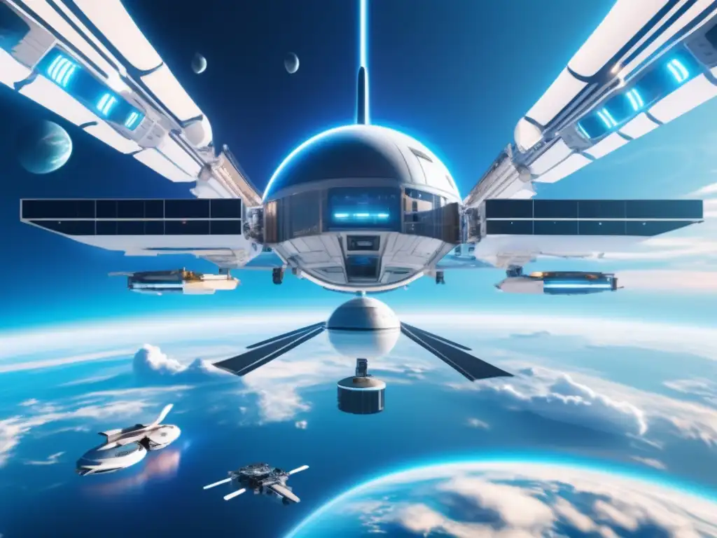 Futuro espacio estación defensiva - Proyecto Defensa Planetaria ESA: Estación espacial futurista en órbita terrestre, con diseño moderno y avanzados sistemas de defensa