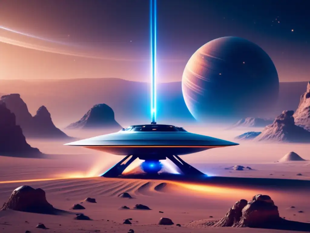Sonda espacial futurista en planeta desolado Proyecto Defensa Planetaria ESA: Sonda futurista en planeta desolado, rodeada de tormenta de polvo y formaciones rocosas alienígenas