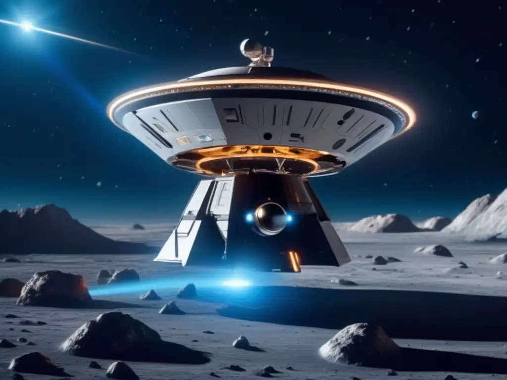 Sonda espacial futurista en asteroide Proyecto Defensa Planetaria ESA: Sonda futurista en un asteroide con 8k de detalle, tecnología avanzada y paisaje impresionante
