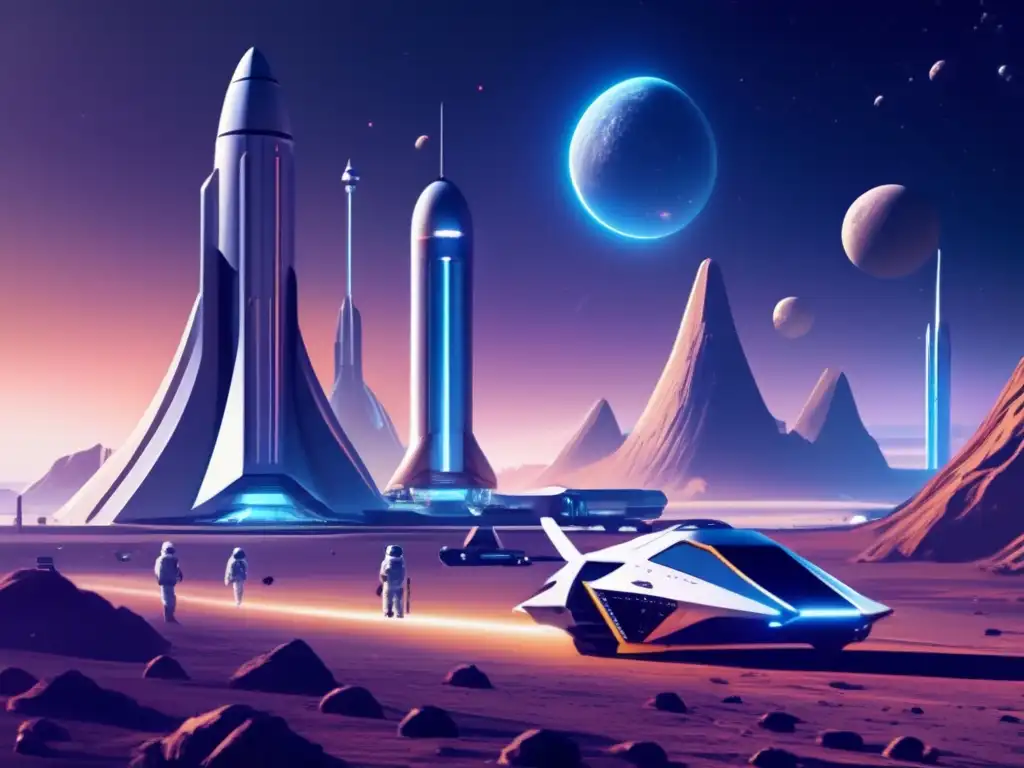 Futurístico espacio minero en asteroide Un puerto espacial futurista y bullicioso en un asteroide distante, con estructuras metálicas imponentes, avanzada tecnología y naves espaciales