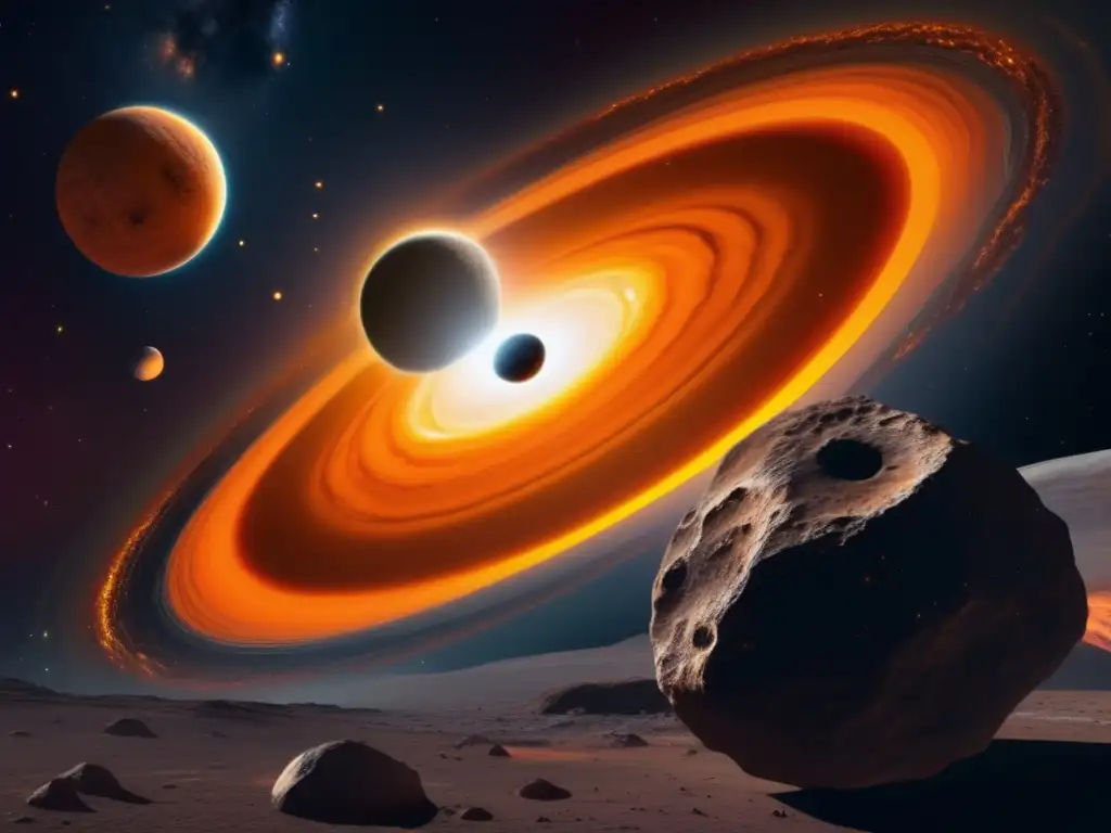 Detalle asombroso de asteroide y radiación solar Radiación solar altera trayectorias asteroides en imagen 8k detallada de espacio con galaxia y asteroide rodeado de halo brillante