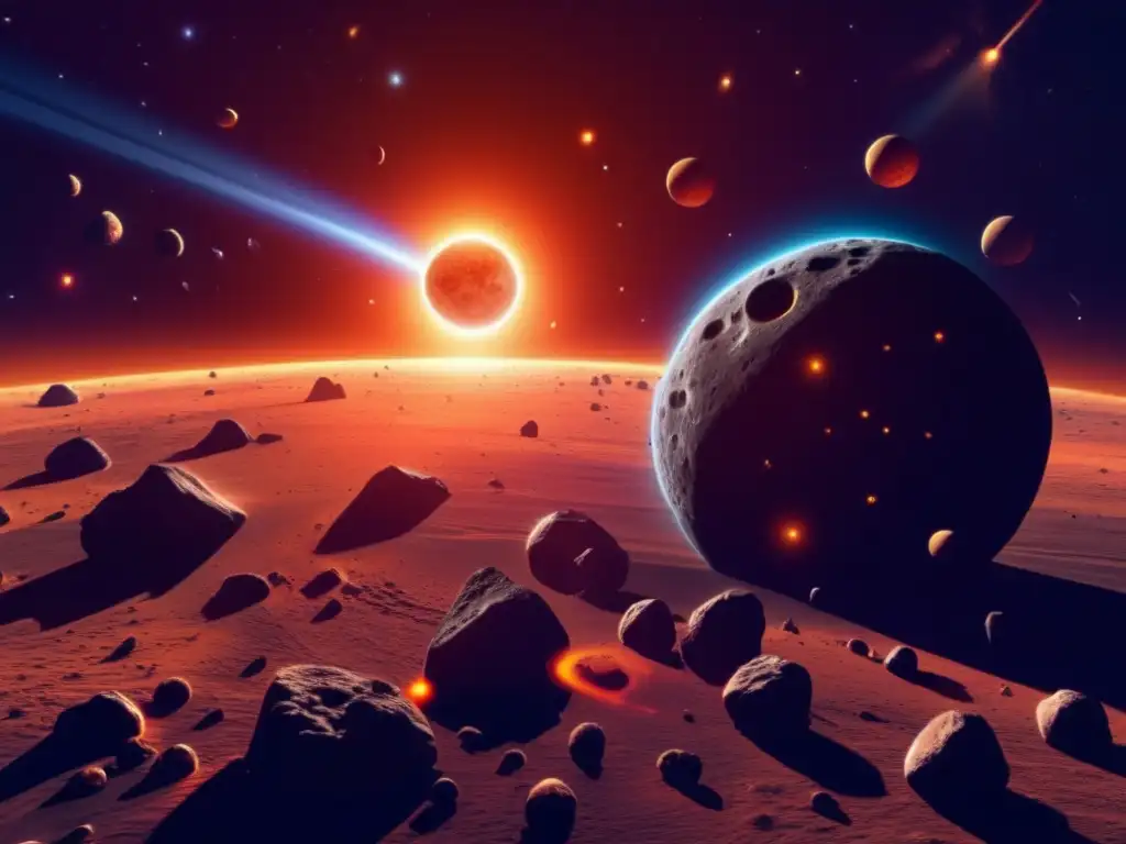 El impresionante paisaje espacial con asteroides y un sol radiante Radiación solar altera trayectorias asteroides en el sistema solar