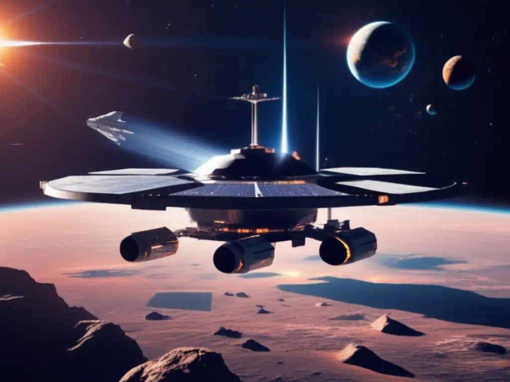 Estación espacial manipula asteroides con energía solar La radiación solar altera trayectorias de asteroides en una estación espacial futurista rodeada por el espacio-