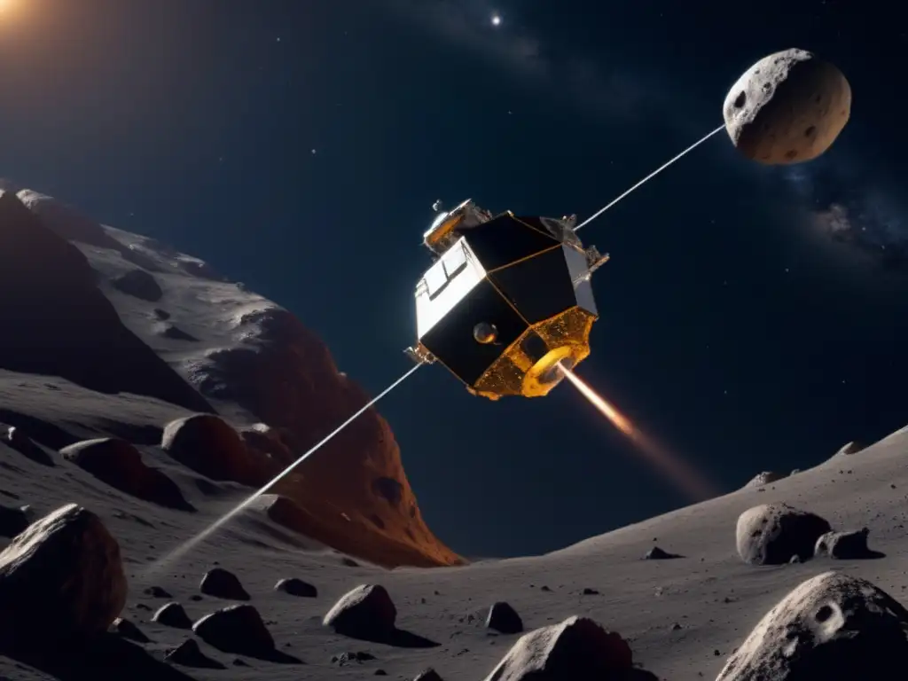 Rastreo de asteroides ocultos: Imagen detallada de sonda espacial y asteroide, con cráteres y tecnología avanzada