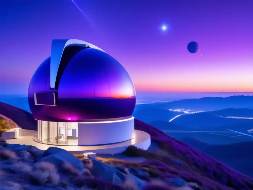 Rastreo de asteroides ocultos en observatorio futurista al atardecer con científicos concentrados