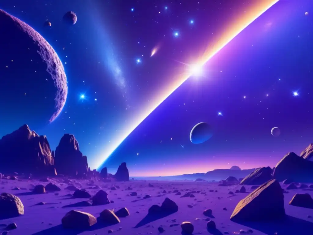 Asombroso campo de asteroides celestiales Realidad Virtual y Asteroides: Divulgación Científica - Imagen de campo de asteroides cósmicos, con nave espacial futurista navegando entre ellos