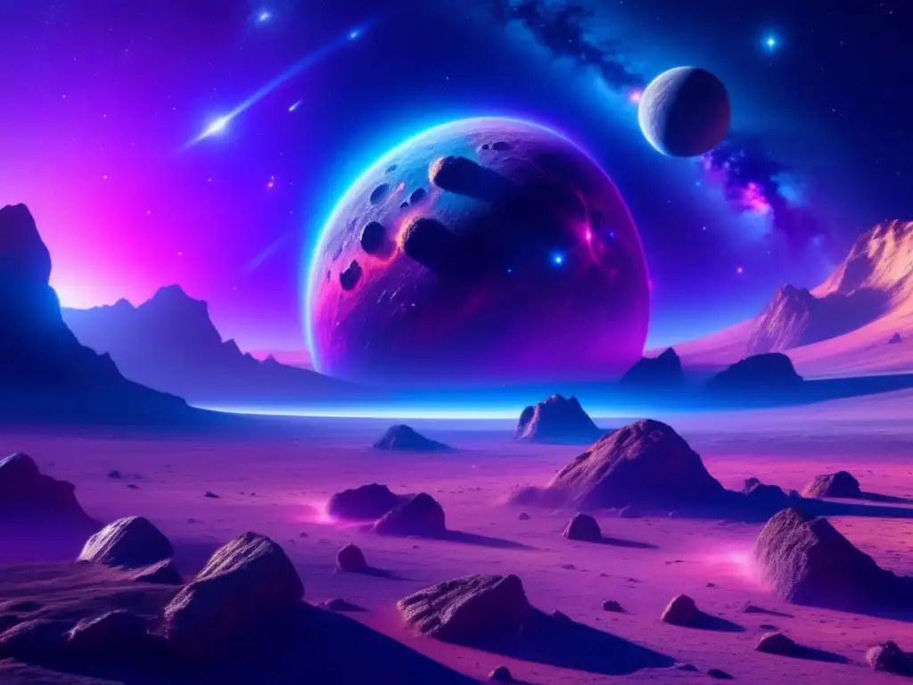 Realidad Virtual en educación espacial: Impactante imagen 8k detallada de paisaje cósmico con asteroide, nebulosa y galaxias
