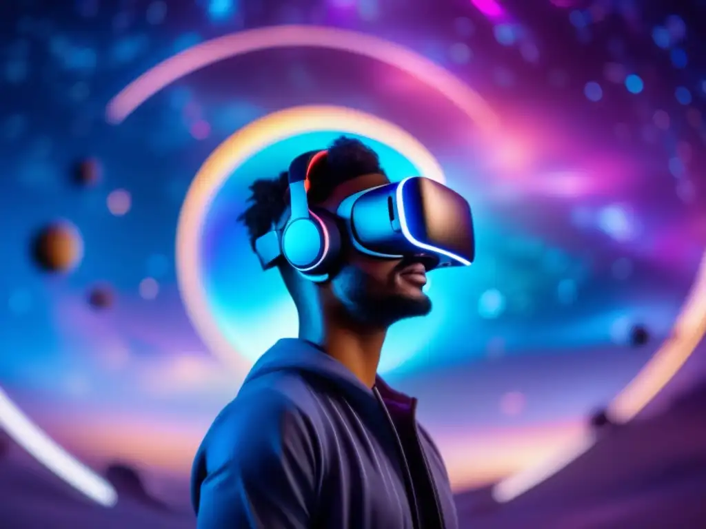 Realidad virtual en el espacio Realidad Virtual en el Espacio Exterior: Un impresionante visor transparente muestra un entorno virtual de nebulosas, galaxias y estrellas brillantes