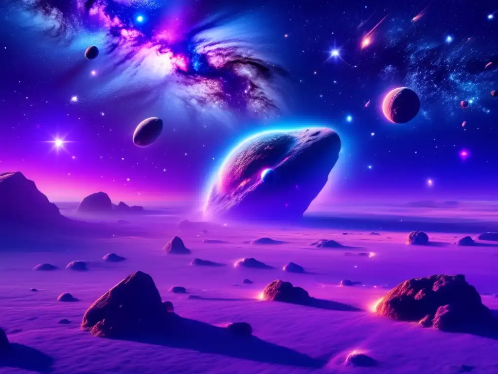 Nebulosa cósmica en 8k Realidad Virtual en el Espacio Exterior: Nebulosa vibrante rodeada de estrellas y asteroides flotantes