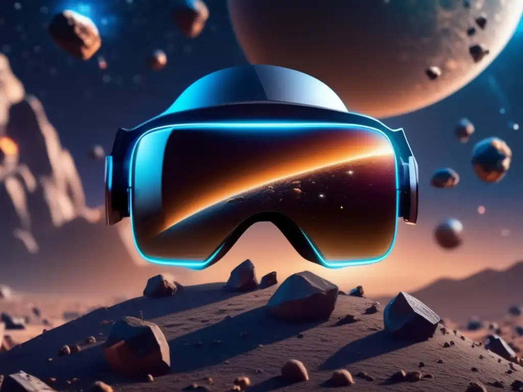 Futuro VR: Headset flotando en el espacio Realidad Virtual: Impacto de Asteroides en una Historia