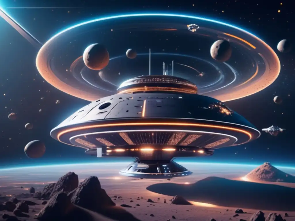 Estación espacial futurista en el espacio profundo Realidad Virtual: Impacto y exploración de asteroides en una estación espacial futurista flotando en el espacio profundo