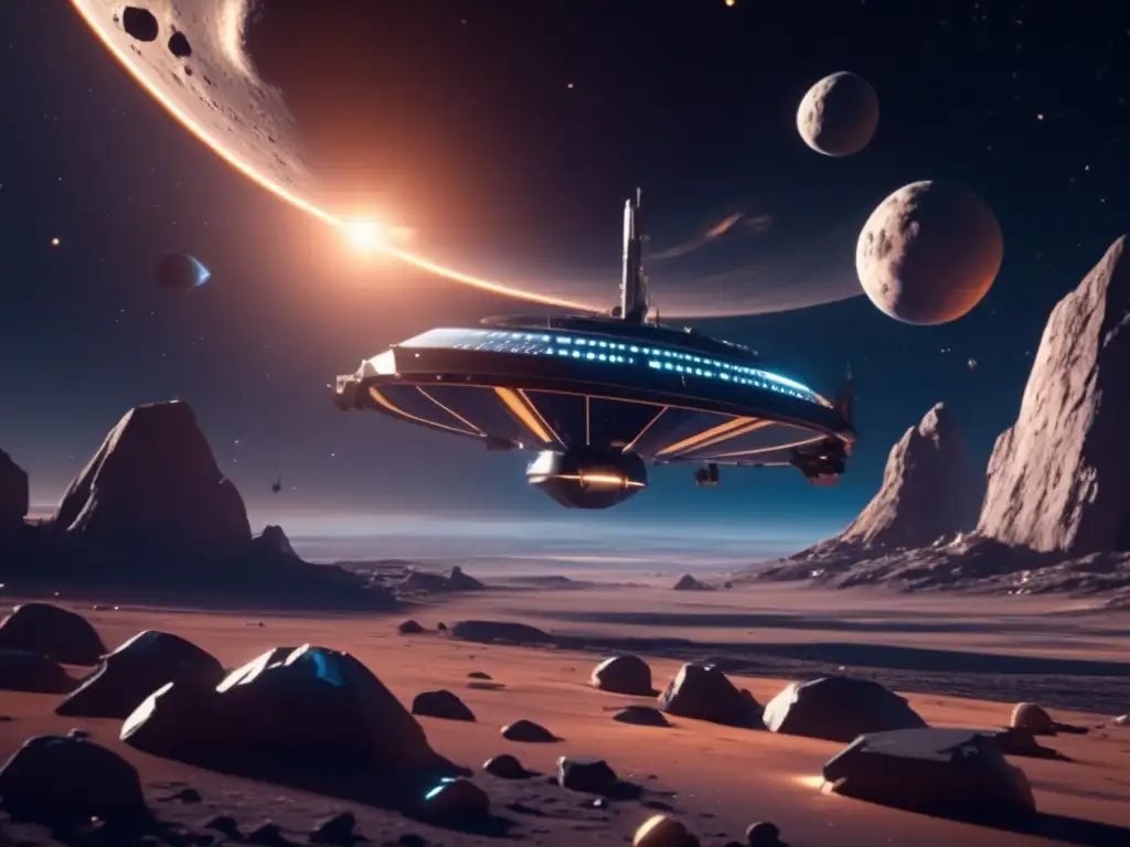 Estación espacial futurista en asteroide Reciclaje de asteroides para economía espacial: Estación espacial futurista orbitando asteroide, tecnología avanzada y recursos abundantes