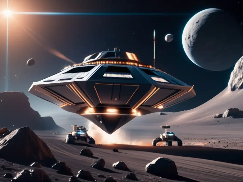 Futuro minero en el espacio Reciclaje de asteroides para economía espacial: Imagen impresionante de operación minera espacial futurista