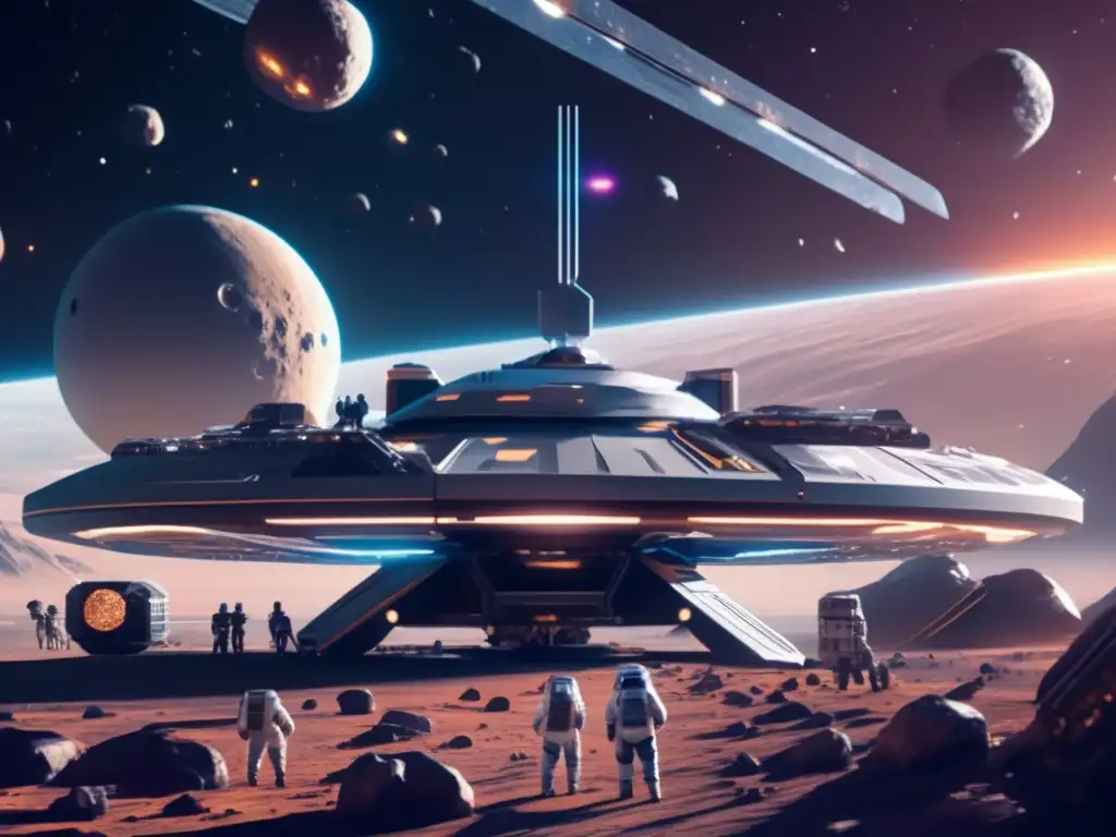 Futurista estación espacial en campo de asteroides Reciclaje de asteroides para economía espacial: impresionante imagen 8k de estación espacial futurista, rodeada de campo de asteroides