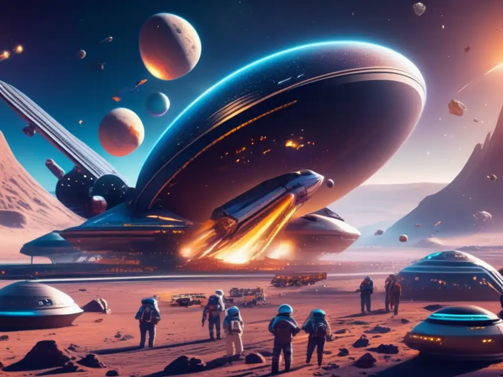 Puerto espacial futurista y asteroides brillantes Reciclaje de asteroides para economía espacial: imagen 8k de un bullicioso puerto espacial rodeado de asteroides detallados con metales y minerales preciosos