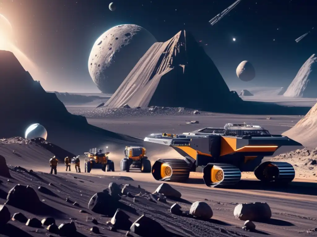 Explotación de recursos en asteroides: Complejo minero futurista en un asteroide con maquinaria avanzada, drones robóticos y paisaje cósmico