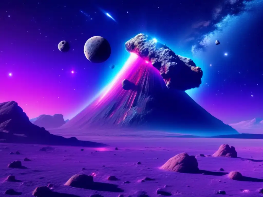 Explotación de recursos en asteroides: escena cinematográfica impactante con asteroide y nave espacial