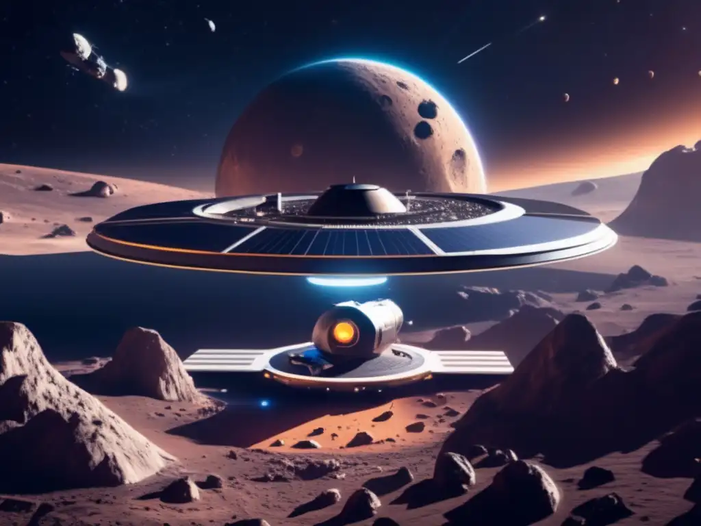 Gestión recursos asteroides: Estación espacial futurista orbitando asteroide, con tecnología avanzada y paneles solares